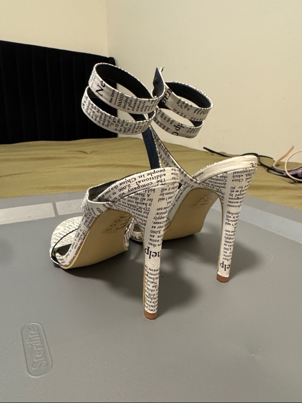 Shoe Republic LA Newspaper-Print Strappy Heels in White and Black - Picture 4 of 5